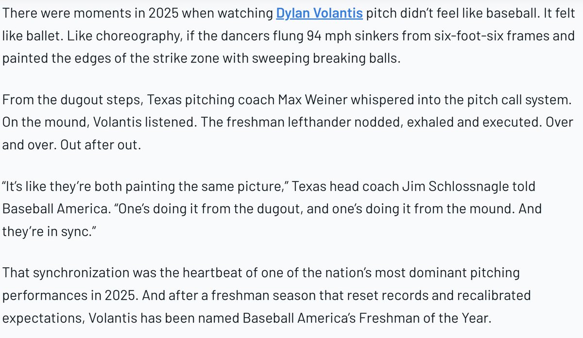 Josh White (@_joshrwhite) on Twitter photo Awesome read from <a href="/JacobRudner/">Jacob Rudner</a> on the <a href="/BaseballAmerica/">Baseball America</a> Freshman of the Year 📝
Incredible insight from <a href="/CoachSchloss/">Jim Schlossnagle</a> on the relationship between <a href="/DylanVolantis/">Dylan Volantis</a> & <a href="/TheArmFarm/">Max Weiner</a>.
If you have a few minutes, I highly, highly recommend you check it out.
🔗: hookem.at/VolantisFOTY Awesome read from <a href="/JacobRudner/">Jacob Rudner</a> on the <a href="/BaseballAmerica/">Baseball America</a> Freshman of the Year 📝
Incredible insight from <a href="/CoachSchloss/">Jim Schlossnagle</a> on the relationship between <a href="/DylanVolantis/">Dylan Volantis</a> & <a href="/TheArmFarm/">Max Weiner</a>.
If you have a few minutes, I highly, highly recommend you check it out.
🔗: hookem.at/VolantisFOTY