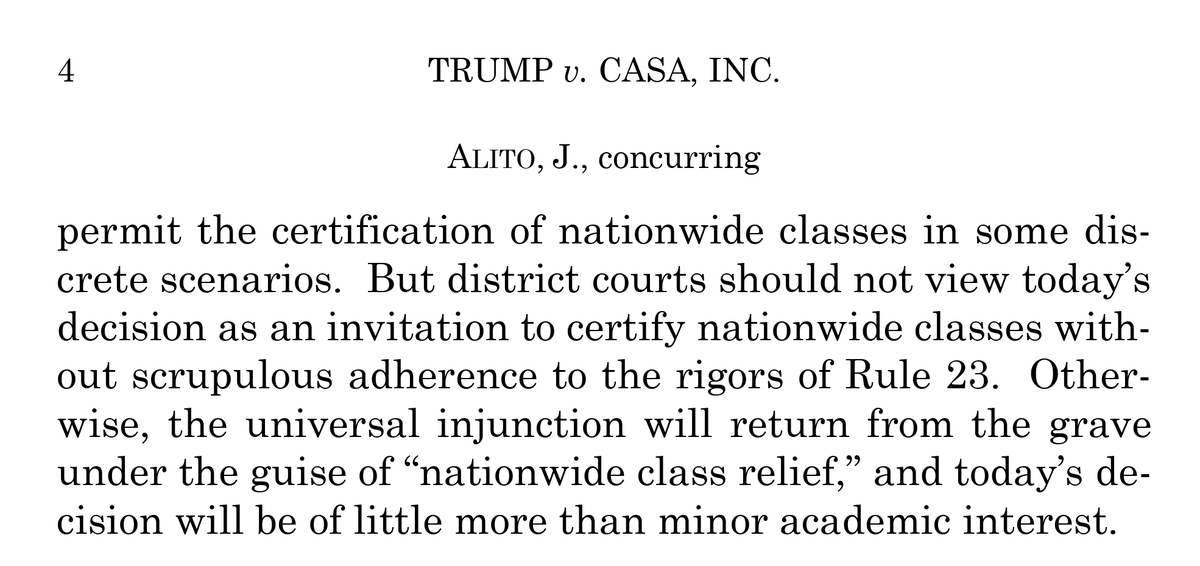 Angry old Judge Alito just explained how today's SCOTUS ruling on nationwide injunctions is little more than an academic shuffle of the legal process into Class Action relief.