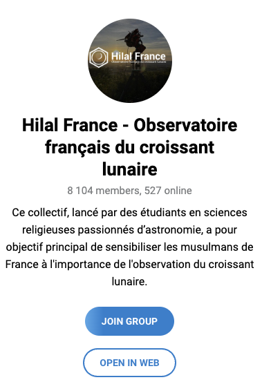 Alkanz's tweet photo. Le collectif B à BA - Hilal devient Hilal France, observatoire français du croissant lunaire.

La chaîne Telegram dédiée réunit plus de 8 000 abonnés. 

Rejoignez-la via ce lien : https://t.co/9pAxWwSEky https://t.co/LLCGGHmOye