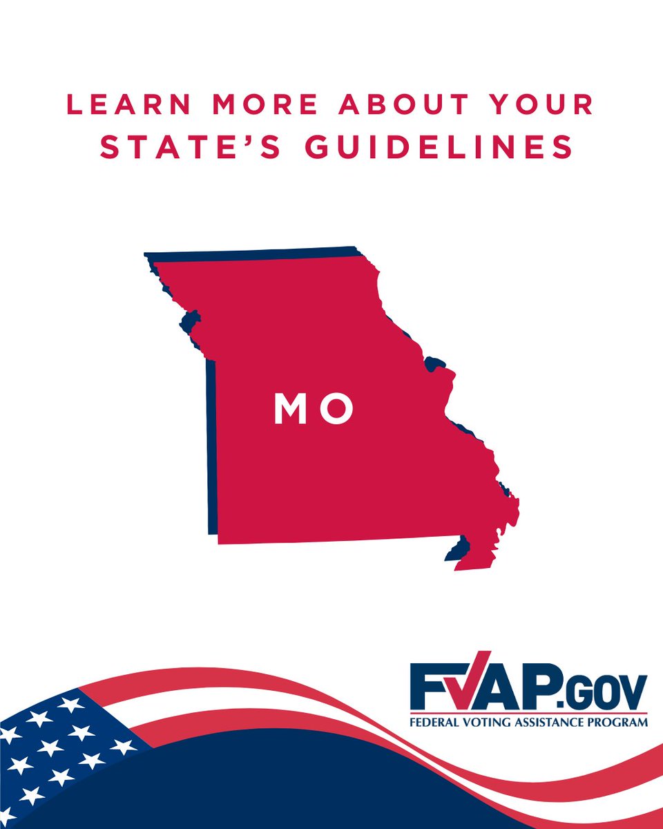 FVAP's tweet image. Did you know that Missouri's voting guidelines require that you must submit your Federal Post Card Application (#FPCA) to your election office by email, mail, or fax? 🧐Find out more about your state's specific absentee voting guidelines➡️ fvap.gov/guide
#Missouri #FVAP