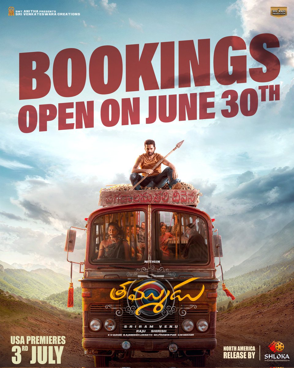 Get ready for a high-voltage ride of mass &amp; emotion 💥💥

#Thammudu Bookings open on JUNE 30th.

#BangerFromThammudu 🎯🌄

USA Premieres on July 3rd.

North America Release by @shlokaents