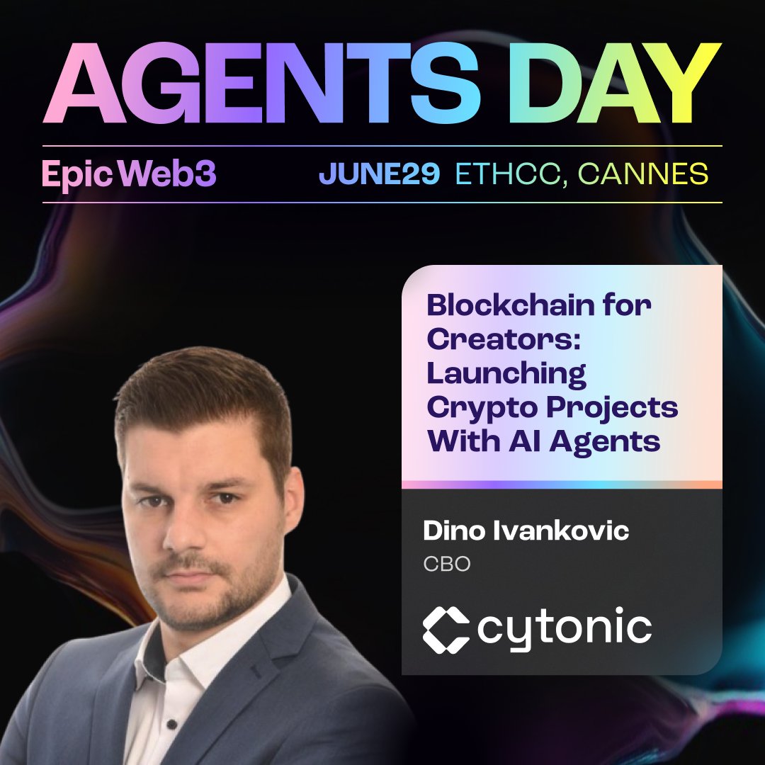 epicweb3's tweet image. 🎨Blockchain for Creators! Crypto meets creativity — with agents in the loop.

Dino Ivankovic, Chief Business Officer at @cytonic_com, takes the stage at Agents Day! From ideation to launch, how agents unlock scale and speed for creators and founders.

Catch Dino at Agents Day on