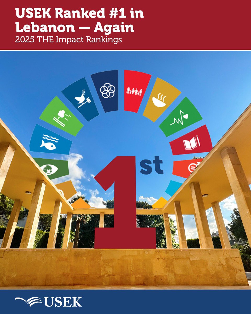 #USEK (@usekofficial) on Twitter photo USEK ranks #1 in Lebanon—again! 
We're honored to once again top the nation in the THE Impact Rankings, with standout performance in: 
SDG 5 – Gender Equality 
SDG 7 – Clean Energy 
SDG 10 – Reduced Inequalities 
#USEK #THEimpactRankings #Sustainability #HigherEd #SDG USEK ranks #1 in Lebanon—again! 
We're honored to once again top the nation in the THE Impact Rankings, with standout performance in: 
SDG 5 – Gender Equality 
SDG 7 – Clean Energy 
SDG 10 – Reduced Inequalities 
#USEK #THEimpactRankings #Sustainability #HigherEd #SDG