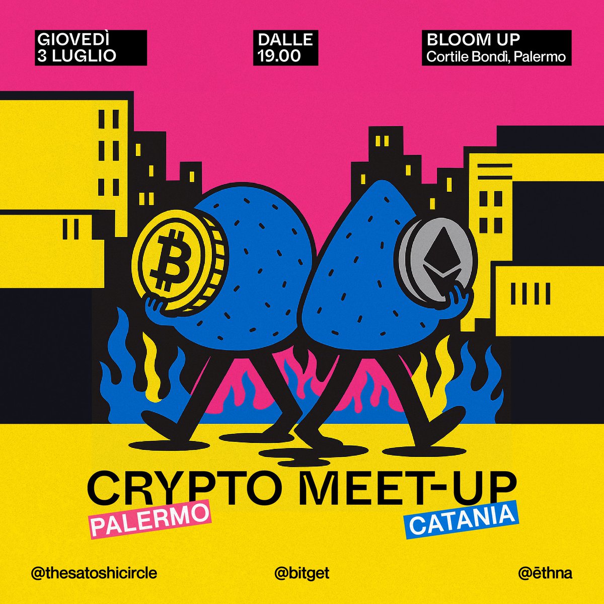 satoshiscircle's tweet photo. 🍻 Crypto meet-up @ethna_rocks x @satoshiscircle

Palermo e Catania si incontrano per l'arancin* dell'estate!

📍 Bloom Up, Cortile Bondì, Palermo
📅 Giovedì 3 luglio
🕖 Ore 19
🍸 Aperitivo e chiacchiere

📍 Maps: https://t.co/Roq1qSMrHw

🔥 Supported by @bitgetglobal https://t.co/lS5Fc4R7P9