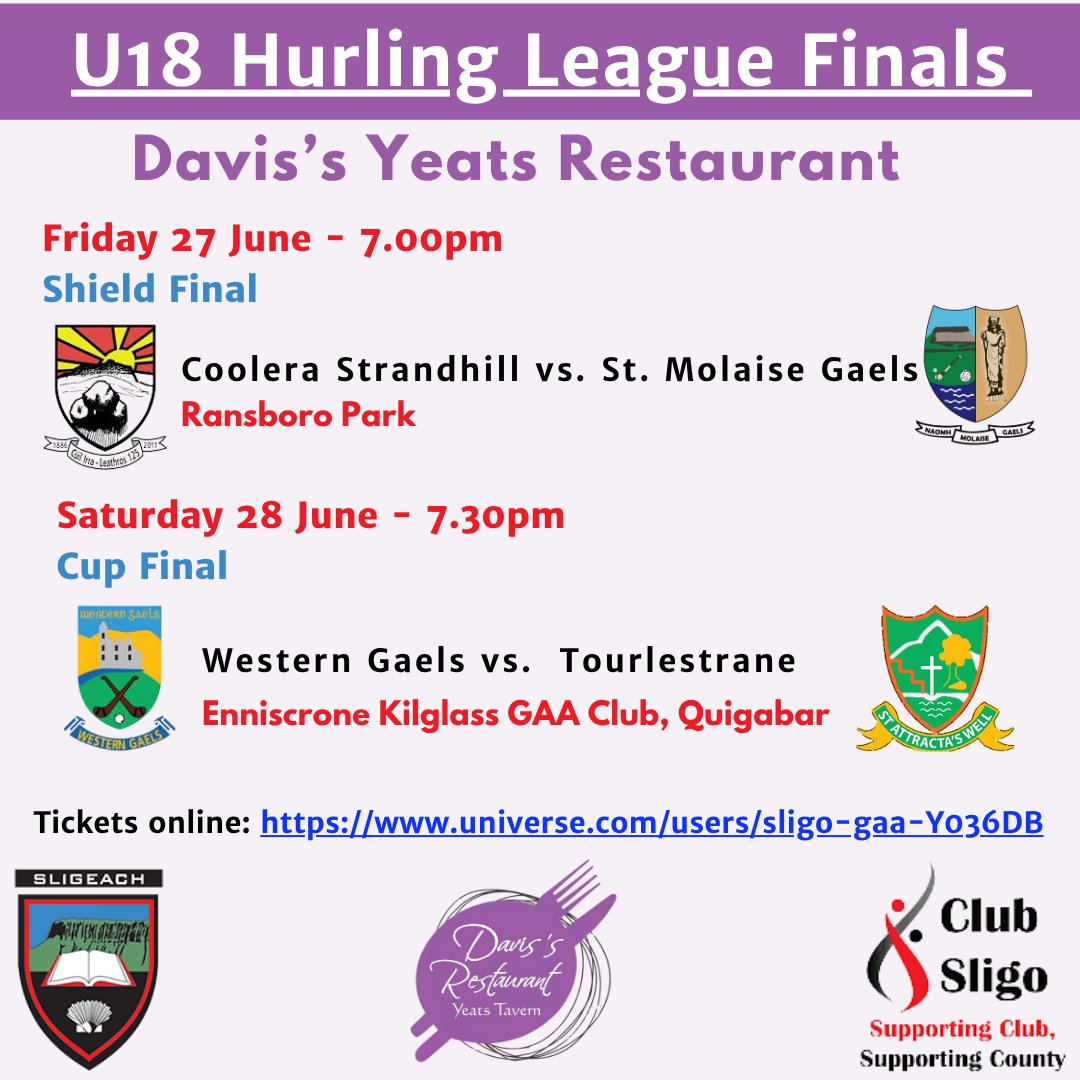 Sligo GAA (@sligogaa) on Twitter photo This weekend also sees <a href="/YeatsTavern/">Yeats Tavern</a> U18 hurling League finals. This evening <a href="/CStrandhill/">Coolera-Strandhill GAA/LGFA & Camogie</a> host <a href="/molaisegaels/">Naomh Molaise Gaels GAA Club</a> in the Shield final at Ransboro - 7.00 throw in. Then tomorrow the action throws in at 7.30 at Quigabar where <a href="/W_Gaels_Sligo/">Western Gaels</a> host <a href="/TourlestraneGaa/">Tourlestrane GAA</a> This weekend also sees <a href="/YeatsTavern/">Yeats Tavern</a> U18 hurling League finals. This evening <a href="/CStrandhill/">Coolera-Strandhill GAA/LGFA & Camogie</a> host <a href="/molaisegaels/">Naomh Molaise Gaels GAA Club</a> in the Shield final at Ransboro - 7.00 throw in. Then tomorrow the action throws in at 7.30 at Quigabar where <a href="/W_Gaels_Sligo/">Western Gaels</a> host <a href="/TourlestraneGaa/">Tourlestrane GAA</a>
