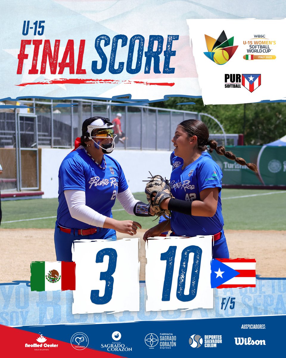 Puerto Rico U15 debuta derrotando a México- El sub campeón mundial logró una importante victoria en su primer juego con marcador de 10-3 en cinco entradas por la regla de diferencial de carreras (nocaut). 
 
#SoftballWorldCupWU15