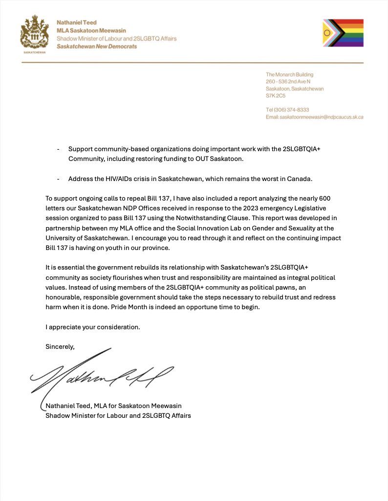 As Pride Month comes to a close, and having been appointed the first-ever 2SLGBTQ Shadow Minister in Saskatchewan, I was proud to write to Premier Moe today calling on him to Repeal Bill 137, alongside other important calls to action for our community.
