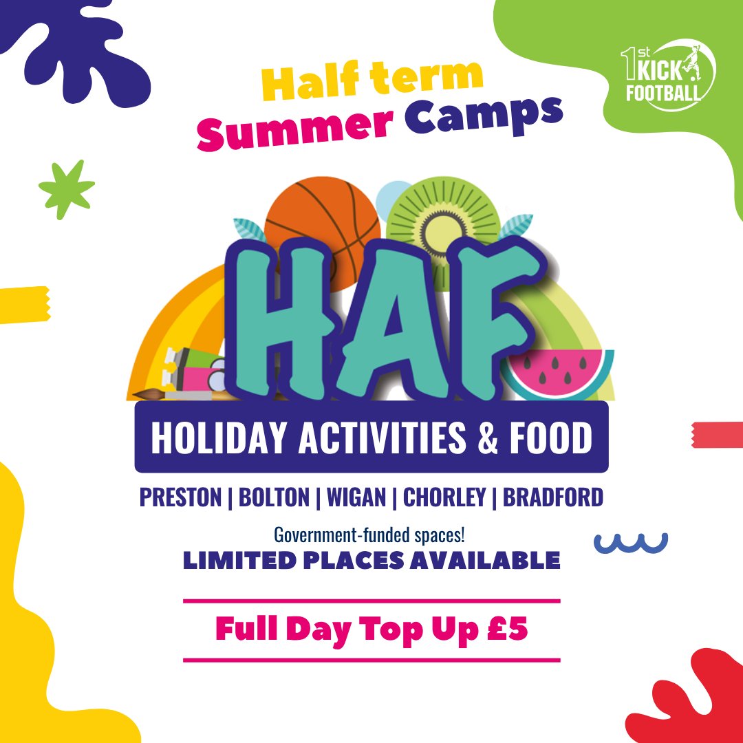 first_kick's tweet image. ☀️ 😃 ⚽  🍽️ HAF PLACES AVAILABLE this Summer Half-Term! 🎉 🏀 ⛳ Join school-aged kids for fun activities + nutritious meals! 🍽️🔥🚨 From £17/day!
 BOOK HERE: 01772 428086 
visit firstkick.co.uk/holiday-clubs! 

#SummerHolidayClub #HAFProgram #FunAndFriends #ActiveKids