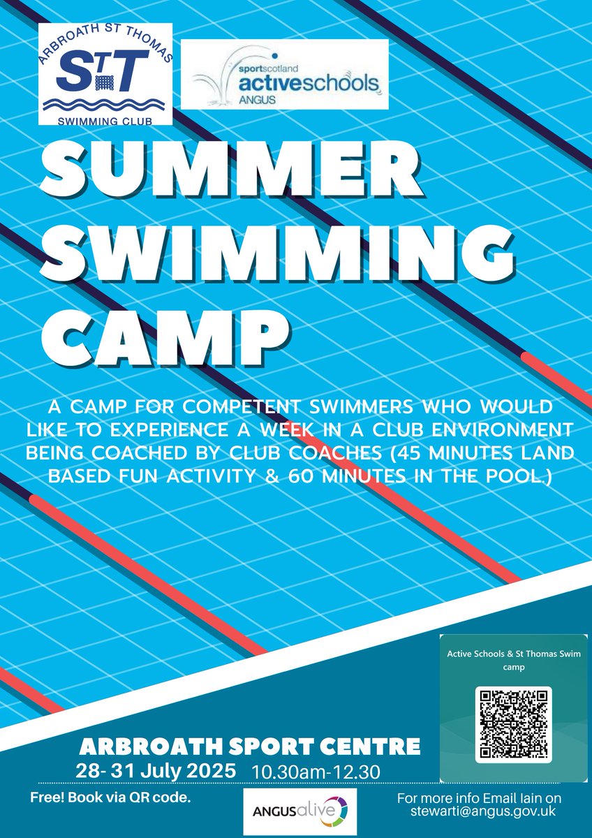 Angus Active Schools (@activeschangus) on Twitter photo Schools out for the summer!
St Thomas Swim Club in Arbroath have joined forces with us <a href="/ActiveSchAngus/">Angus Active Schools</a> & pool provider <a href="/angusalive/">ANGUSalive</a> to offer a FREE Swim camp 28-31 July, aimed at easing transition from the school Learn to Swim programme, to club swimming ... if they so wish! ๐๐โโ๏ธ Schools out for the summer!
St Thomas Swim Club in Arbroath have joined forces with us <a href="/ActiveSchAngus/">Angus Active Schools</a> & pool provider <a href="/angusalive/">ANGUSalive</a> to offer a FREE Swim camp 28-31 July, aimed at easing transition from the school Learn to Swim programme, to club swimming ... if they so wish! ๐๐โโ๏ธ