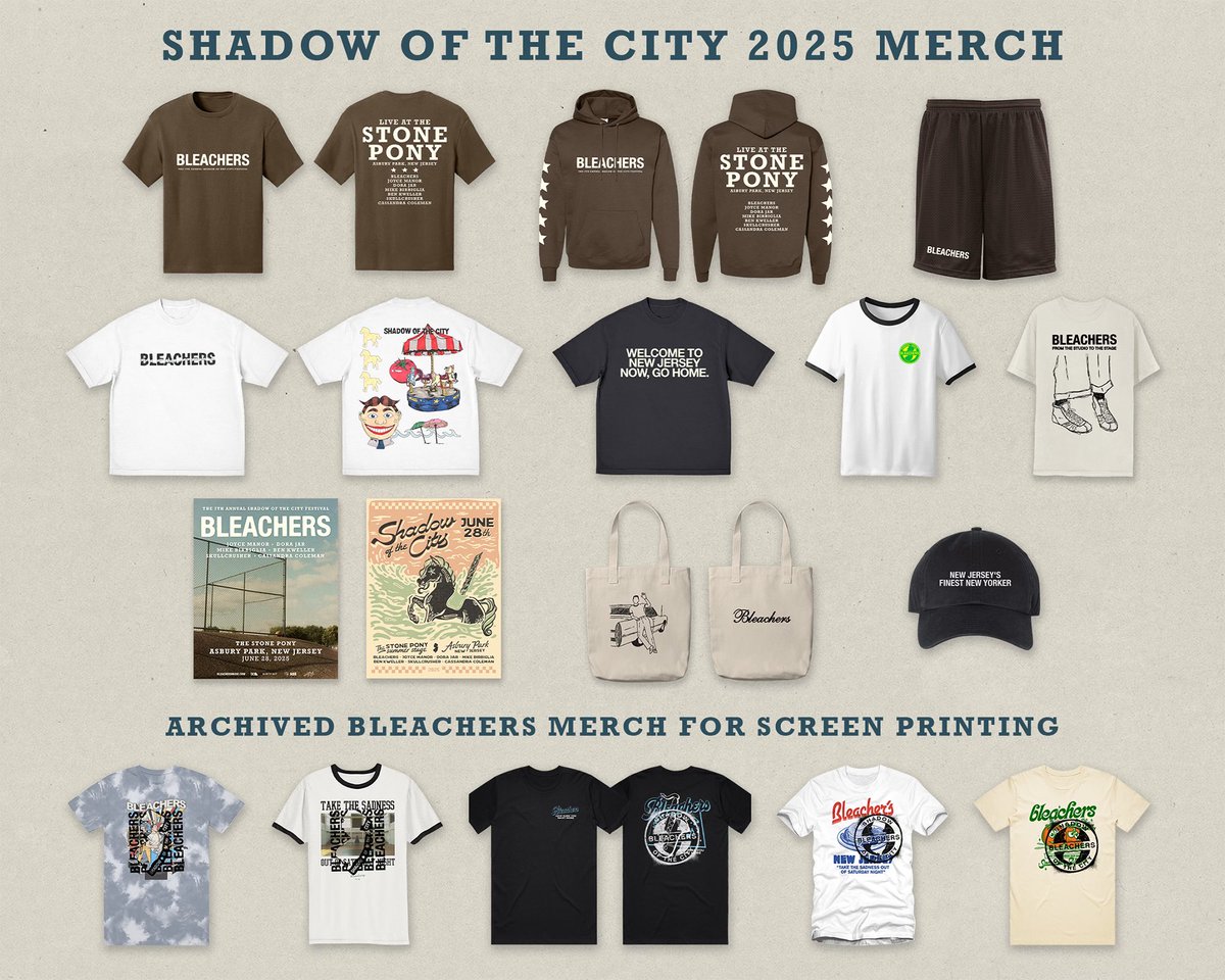 shadow of the city 2025 merch ✨ new festival specific tees, hoodie, posters (limited number printed), + new bleachers basketball shorts.

+ screen printing will be available onsite at no extra cost

+ find all of this at merch table on saturday