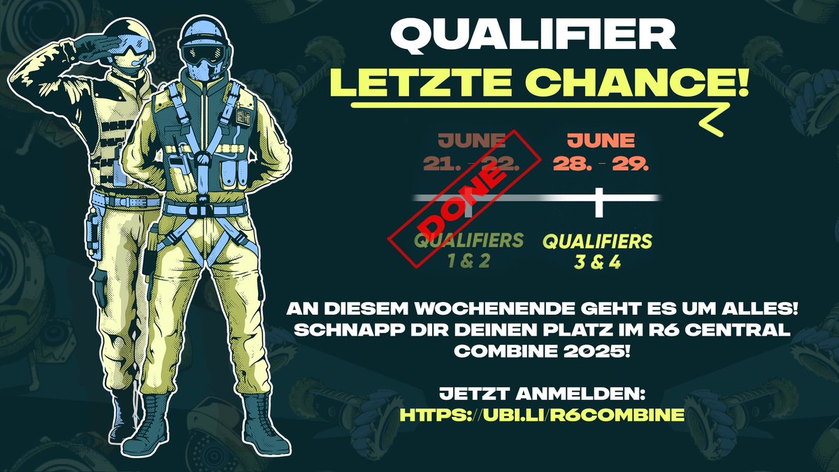 ⏰ WENIGER ALS 24 STUNDEN ÜBRIG!

Das ist deine letzte Chance, am R6 Central Combine 2025 teilzunehmen.

Keine Ausreden mehr. Kein „nächstes Mal“ mehr. Nur du, dein Team und die Chance, es ins Offline-Finale in Düsseldorf zu schaffen. 🇩🇪🔥

🖱️ ubi.li/R6Combine
#R6combine