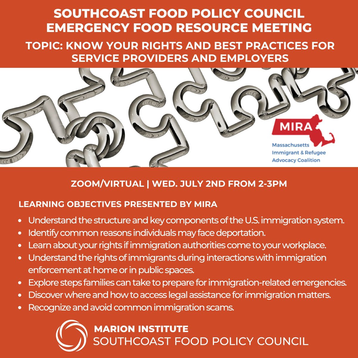 Stronger communities start w/ shared knowledge.

Join the Emergency Food Resource Meeting w/ the <a href="/scfoodpolicy/">Marion Institute Southcoast Food Policy Council</a> feat. <a href="/MIRACoalition/">MIRA Coalition</a>.
📅 Wed, 7/2 | 2–3P
💻 Know Your Rights &amp; Best Practices for Service Providers &amp; Employers
📝 Register: marioninstitute.org/programs/sfpc/…

#UnitedIsTheWay