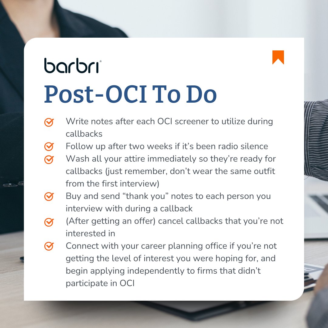 📋 Ready for OCI?

📌 Save this for later and swipe through to make sure you’re set from start to finish.

#OnCampusInterviews #OCISeason #LawSchoolPrep #BARBRI #LawStudents #CareerInLaw #BARBRITips #LegalCareers #OCIReady #LawStudentResources