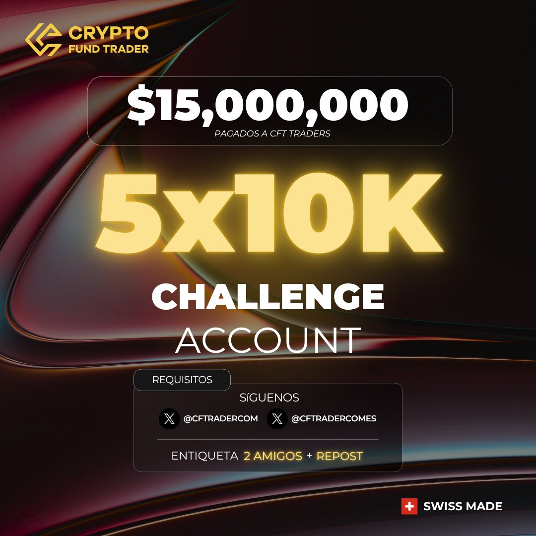Crypto Fund Trader Español (@cftradercomes) on Twitter photo ¡Hemos alcanzado los $15 M pagados a traders de CFT y queremos celebrarlo! 🎉
Participa en nuestro sorteo de 5 cuentas de $10K:
✅ Sigue a <a href="/CFTradercom/">Crypto Fund Trader</a> & <a href="/CFTradercomES/">Crypto Fund Trader Español</a>
✅ Etiqueta a 2 amigos
🔁 Reposte este tweet
¡Anunciaremos ganadores pronto! 🚀 ¡Hemos alcanzado los $15 M pagados a traders de CFT y queremos celebrarlo! 🎉
Participa en nuestro sorteo de 5 cuentas de $10K:
✅ Sigue a <a href="/CFTradercom/">Crypto Fund Trader</a> & <a href="/CFTradercomES/">Crypto Fund Trader Español</a>
✅ Etiqueta a 2 amigos
🔁 Reposte este tweet
¡Anunciaremos ganadores pronto! 🚀