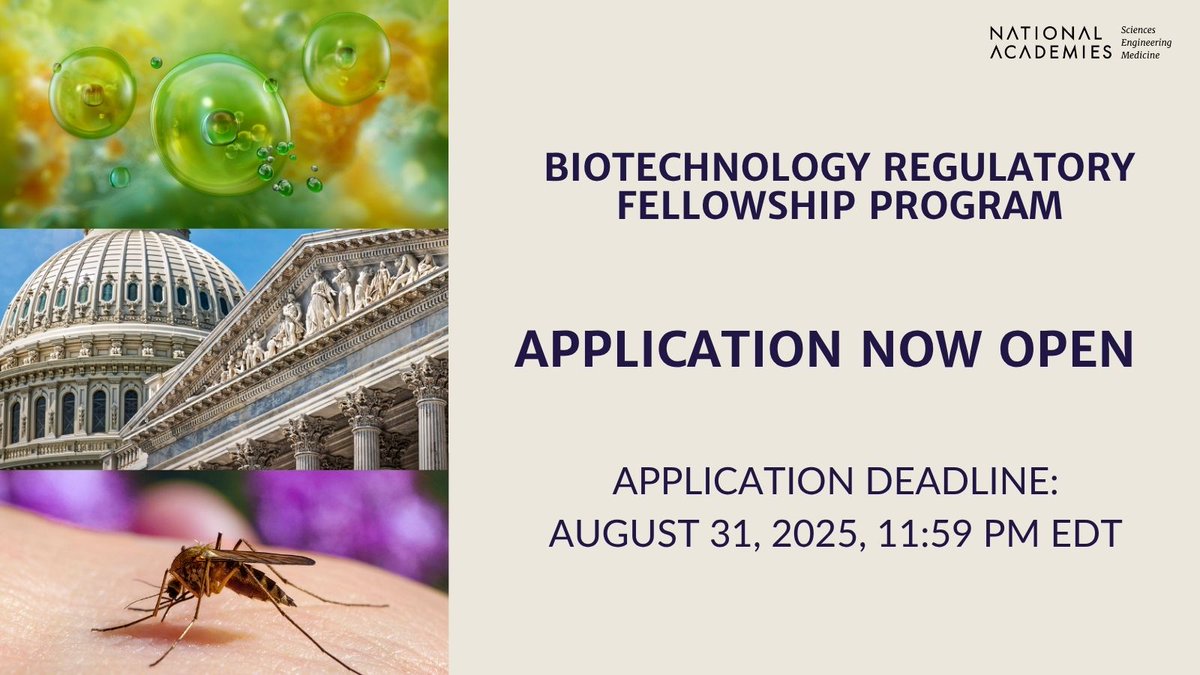 NASEM_BioRegFS's tweet image. Are you a U.S. citizen with an advanced degree and 3–5 years of experience in science, policy, or law? The Biotechnology Regulatory Fellowship may be the next step in your career.
Learn more: ow.ly/JmLO50WamzG
#BiotechnologyFellowship #CareerDevelopment