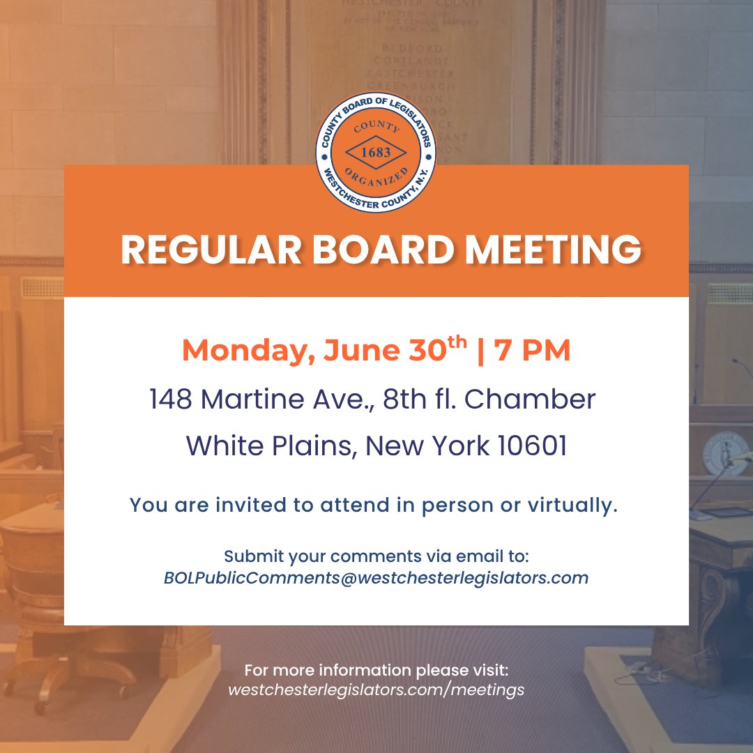 westchesterBOL's tweet image. The #WestchesterBOL invites YOU to our Board Meeting on 6/30 at 7 PM!
🖥️ Watch live via the Meeting Calendar on our website (click “In Progress”)
🗣️ Want to speak? Follow the Speaker Participation Instructions online.
Be heard. Be involved.
#WestchesterCounty #LocalGovernment