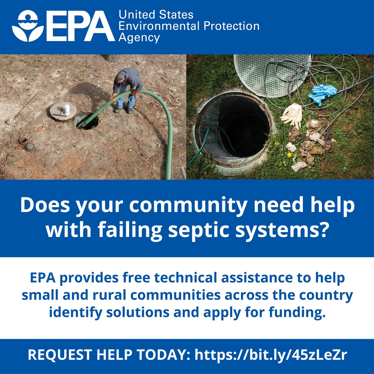 If your community is struggling with failing septic systems, EPA's Water Technical Assistance can help! This free assistance helps utilities, governments, and communities assess /implement solutions for their wastewater infrastructure needs. Form here: bit.ly/45zLeZr.