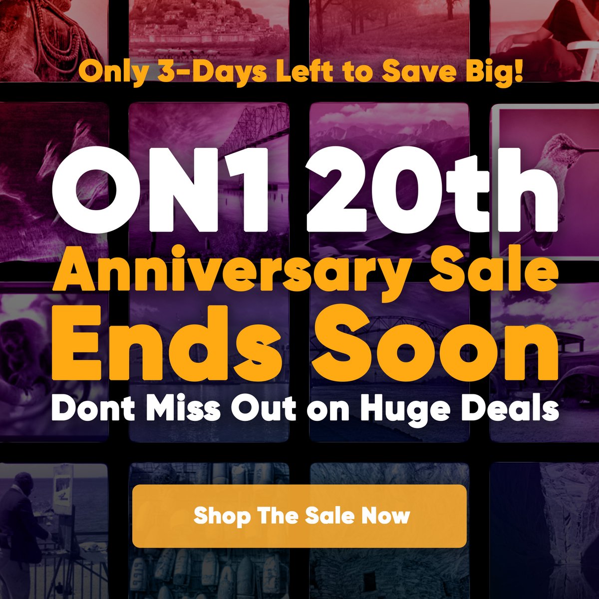 🎉 Only 3 Days Left! 🎉

The ON1 20th Anniversary Sale is almost over – and so are the huge savings! 🚨

Whether you’ve been with us since the beginning or are just joining the ON1 family, now’s your chance to celebrate 20 years of powerful photo editing with deep discounts on