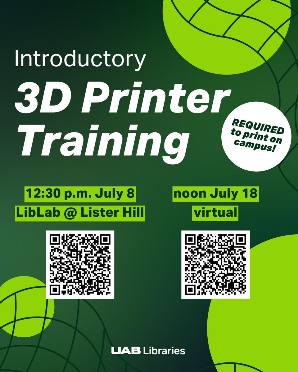 Learn to 3D print for free! This training session is your key to your 3D printing journey on campus. 

🔗 7/8 registration: calendar.uab.edu/event/introduc…
🔗 7/17 registration: calendar.uab.edu/event/introduc…