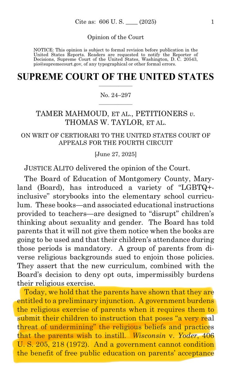 mdeperno's tweet image. 🚨🚨 Huge News today for parents. 🚨🚨
Based on the record before us, the court says, the Board's introduction of the LGBTQ-themed storybooks and the failure to provide notice and opt-out options for parents meets that test: it does interfere with the children's religious…