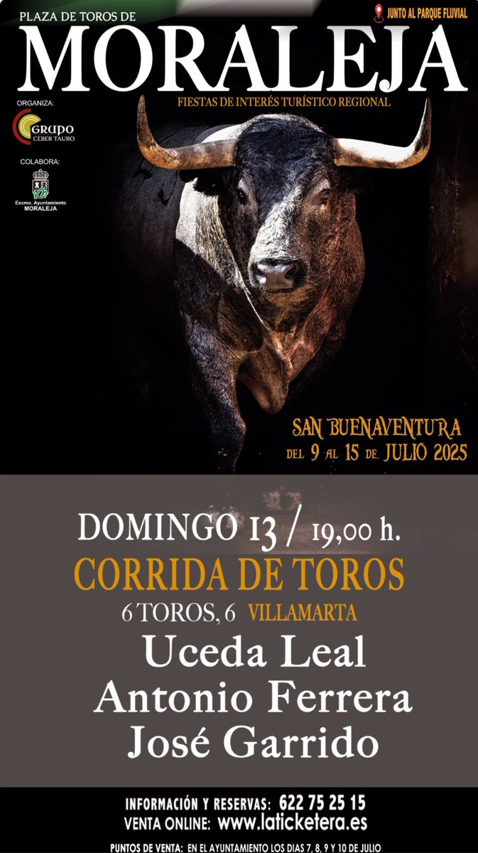 Plaza de toros de Moraleja (Cáceres).

Domingo, 13 de julio.

🐃 Villamarta

⚔️ Uceda Leal
⚔️ Antonio Ferrera
⚔️ José Garrido

#Toros
#Arte
#SomosCultura