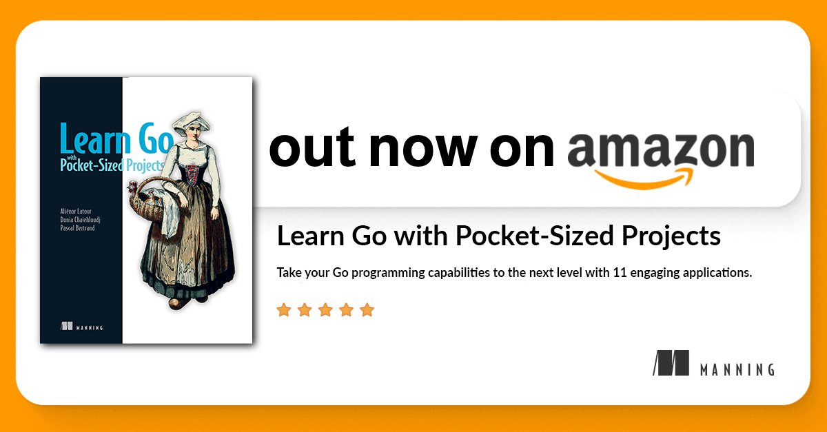 Manning Publications (@manningbooks) on Twitter photo Learn Go with Pocket-Sized Projects by Alienor Latour, <a href="/doniacld/">Donia Chaiehloudj</a>, & Pascal Bertrand
↳ Sharpen your Go skills through quick, focused projects you can actually finish. Great for busy devs who like to learn by doing.
hubs.la/Q03tWC280 Learn Go with Pocket-Sized Projects by Alienor Latour, <a href="/doniacld/">Donia Chaiehloudj</a>, & Pascal Bertrand
↳ Sharpen your Go skills through quick, focused projects you can actually finish. Great for busy devs who like to learn by doing.
hubs.la/Q03tWC280