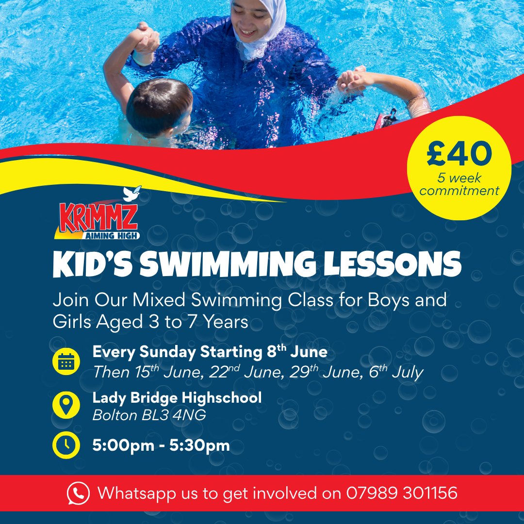 New activity at Krimmz! 🏊‍♀️

Weekly mixed swimming lessons for boys and girls aged 3-7 are continuing throughout June and July! 

⏰ 5:00 – 5:30pm every Sunday
📍 Ladybridge High School

Book your child’s spot now via our website: krimmz.org.uk/?page_id=369