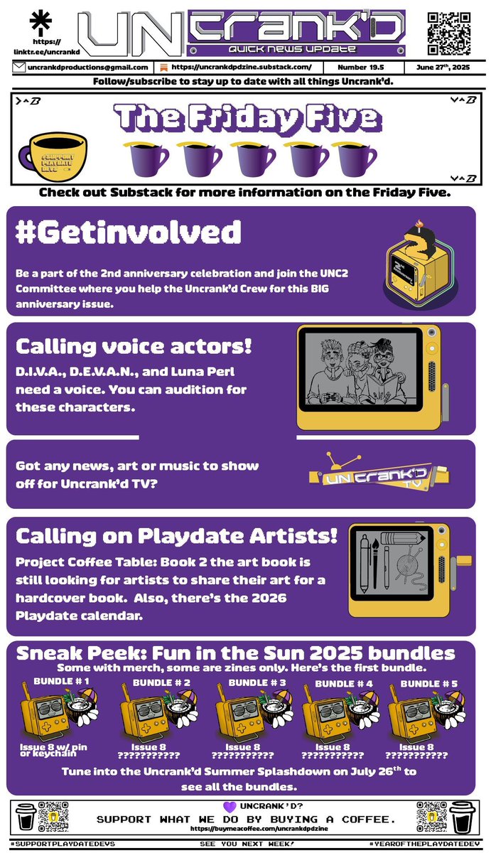 UncrankdPD's tweet image. The Friday Five: UNC2 Committee, looking for voice actors, Uncrank'd TV, Calling #Playdate artists for some great art projects, a sneak peek into one of the Fun in the Sun 2025 bundles.
uncrankdpdzine.substack.com/p/uncrankd-fri…
#yearoftheplaydatedev