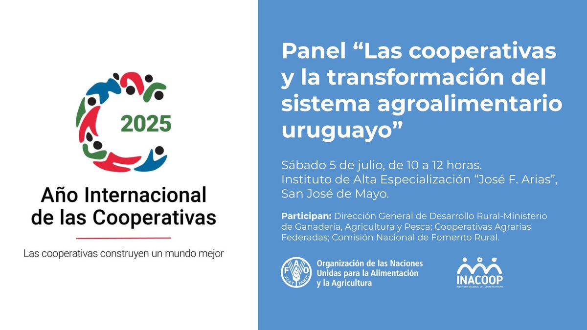 El 5 de julio en San José participaremos en un panel sobre cooperativas y sistemas agroalimentarios. 🌾 

Será organizado por <a href="/FAOUruguay/">FAO en Uruguay</a> e <a href="/inacoop/">INACOOP Uruguay</a> en el marco de la celebración del #DíaInternacionalDeLasCooperativas 

 ¡Sumate! 📲 
fao.org/uruguay/notici…