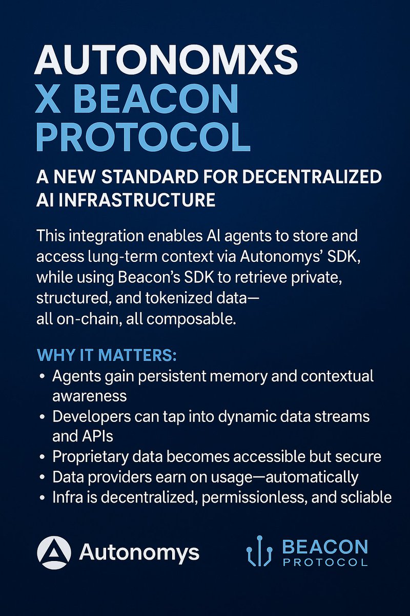 Peace1398237's tweet photo. The integration of @AutonomysNet x @BeaconProtocol is a massive leap forward for scalable AI infrastructure.

With Auto Drive and permanent on-chain context storage, AI agents can now access specialized, high-value data—securely and persistently. https://t.co/h40rUXL0lQ