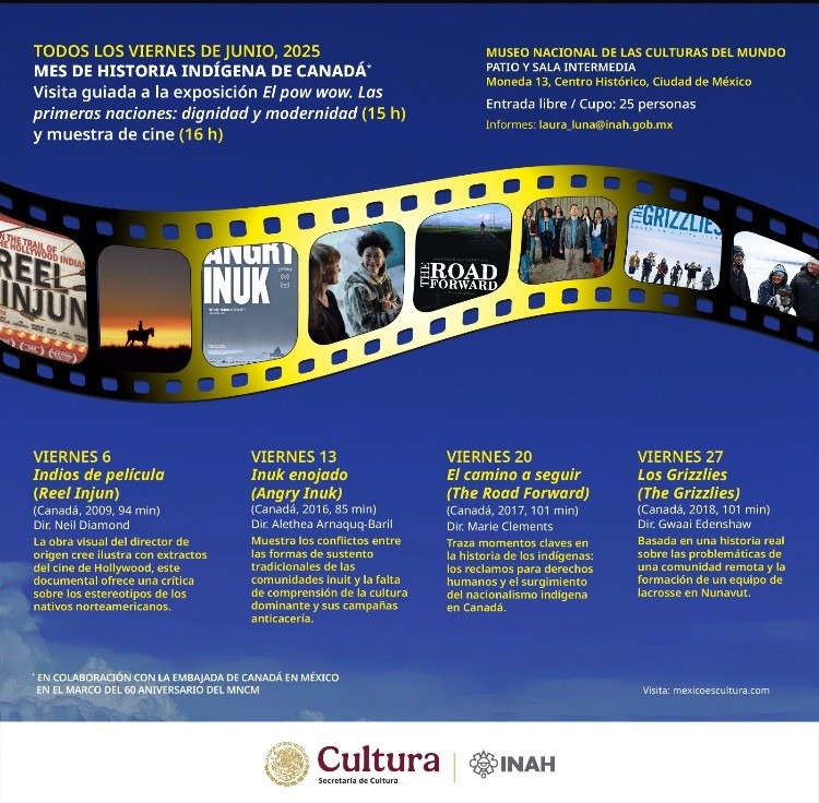 CanEmbMexico's tweet image. In commemoration of #IndigenousHistoryMonth, the @MuseoCulturas will screen fascinating Canadian 🇨🇦 films you can't miss.
 
🖼️ 15:00 h - Guided tour of the temporary exhibition.
🎬 16:00 h - Gwaai Edenshaw's movie "The Grizzlies".

Find more details here! 👇