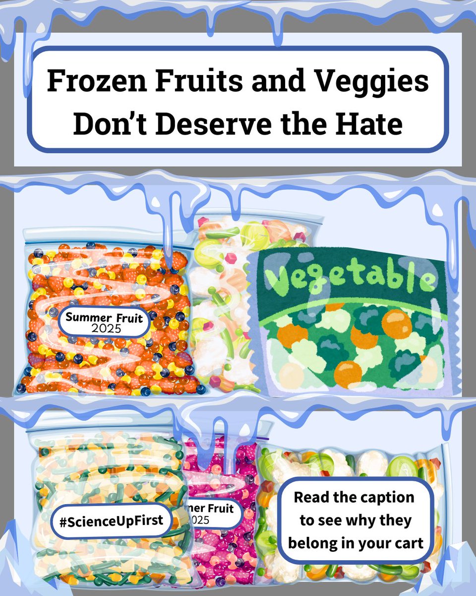 ScienceUpFirst's tweet image. Frozen fruits and vegetables are no less nutritious than fresh ones; sometimes, they're even more so. 🥦
Harvested when ripe + frozen quickly = preserved vitamins, less waste, and year round availability. ❄️
👉 scienceupfirst.com/nutrition/froz…
#ScienceUpFirst