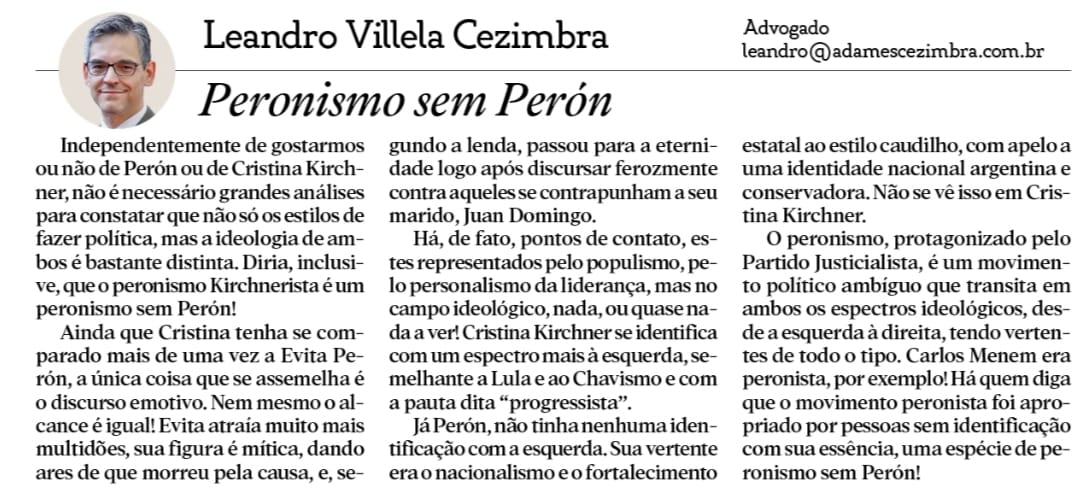Meu artigo quinzenal fala do peronismo, esse espaço argentino que incorpora ideologias, entendimentos distintos, assim como atitudes que não acompanham as ideias de seu fundador. Esse tema acaba por transbordar influência em toda a argentina. 
Obrigado ao #GrupoSinos