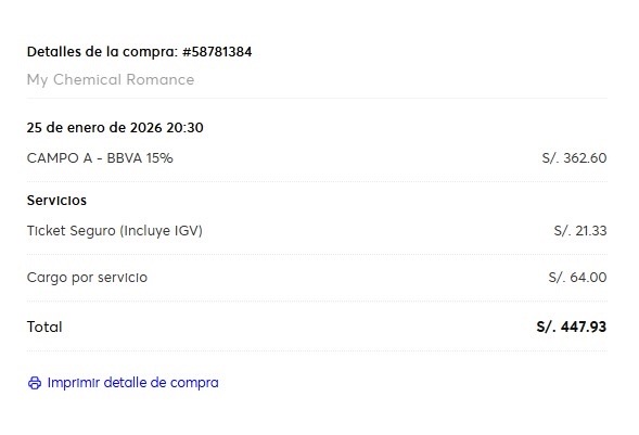 nictofobic's tweet photo. Hola! compré una entrada de más por casualidad de MCR en Lima (Campo A, 15% BBVA), alguien interesado en comprarla al mismo precio? me escriben, yo también iré al mismo campo (normal no les cobro el seguro del ticket, sería 426.60 soles en total)
#mcr #mychemicalromance #mcrlima https://t.co/j1hptzRnSL