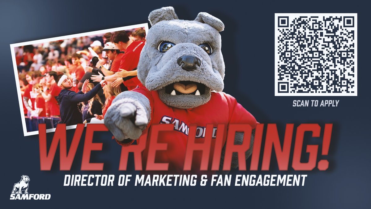 SamfordSports's tweet image. We're hiring! 📣
We are seeking an energetic Director of Marketing & Fan Engagement.
If you're passionate about collegiate athletics and creating unforgettable game-day experiences — we want to hear from you!
More details: tinyurl.com/3mmvzhnx
#AllForSAMford