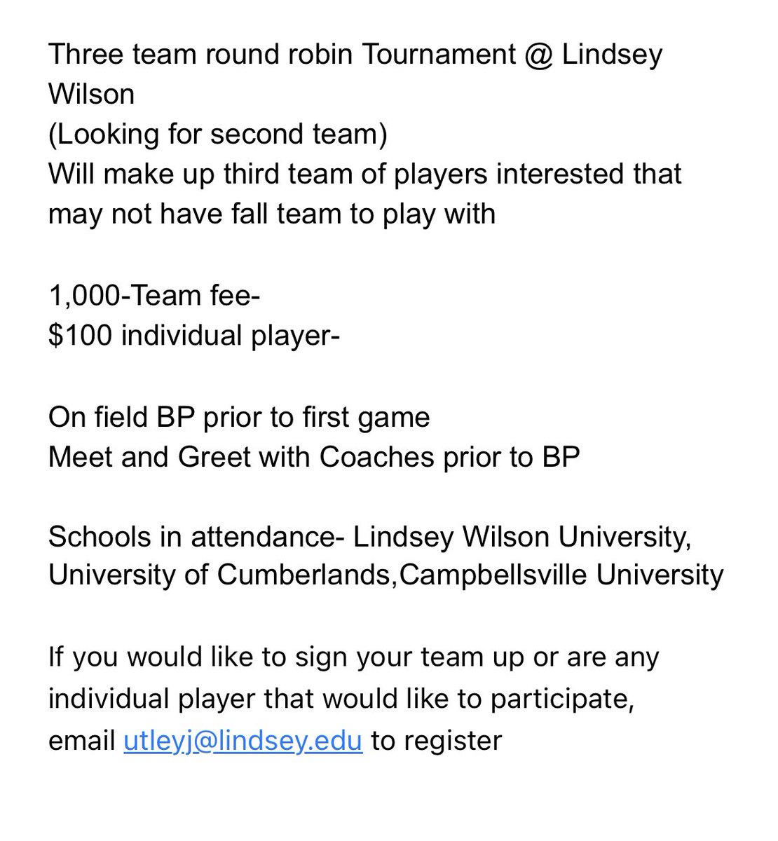 Ethan Utley (@ethan_utley15) on Twitter photo .<a href="/LWUbaseball/">LWU Baseball</a> is partnering with <a href="/BallparkHQ/">Ballpark Baseball Club</a> to host a Three Team Round Robin fall tournament on September 6th & 7th.
Looking for a second Fall team/and or individual players.
If you have questions or inquiries feel free to reach out via email @ utleyj@lindsey.edu .<a href="/LWUbaseball/">LWU Baseball</a> is partnering with <a href="/BallparkHQ/">Ballpark Baseball Club</a> to host a Three Team Round Robin fall tournament on September 6th & 7th.
Looking for a second Fall team/and or individual players.
If you have questions or inquiries feel free to reach out via email @ utleyj@lindsey.edu