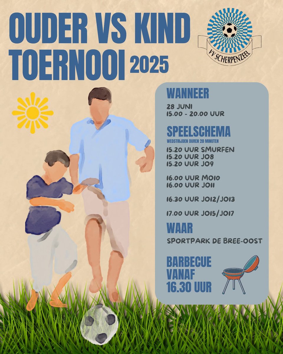 Morgen is het weer zover: de jaarlijkse krachtmeting tussen ouders en kinderen staat op het programma. Wie zal deze epische strijd winnen? De ervaren ouders, leiders en trainers, of onze getalenteerde en enthousiaste jeugdspelers?

Komt u kijken?

<a href="/VVScherpenzeel/">VV Scherpenzeel</a>

Tot morgen 🔵