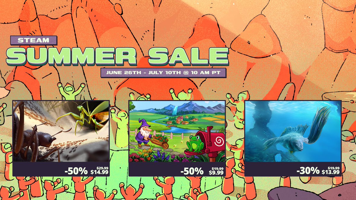 Hi everyone! Steam's Summer Sale is here and our nature games are on discount!

🐜50% off Empires of the Undergrowth (ant RTS) <a href="/eotu_game/">Empires of the Undergrowth | OUT NOW!</a>
🪴50% off Horticular (cozy garden builder) <a href="/HorticularGame/">Horticular | ❄️FROZEN FRONTIER❄️ OUT NOW</a>
🐟30% off Ecosystem (evolution simulator) <a href="/EcosystemGame/">Ecosystem</a>

#SteamSummerSale