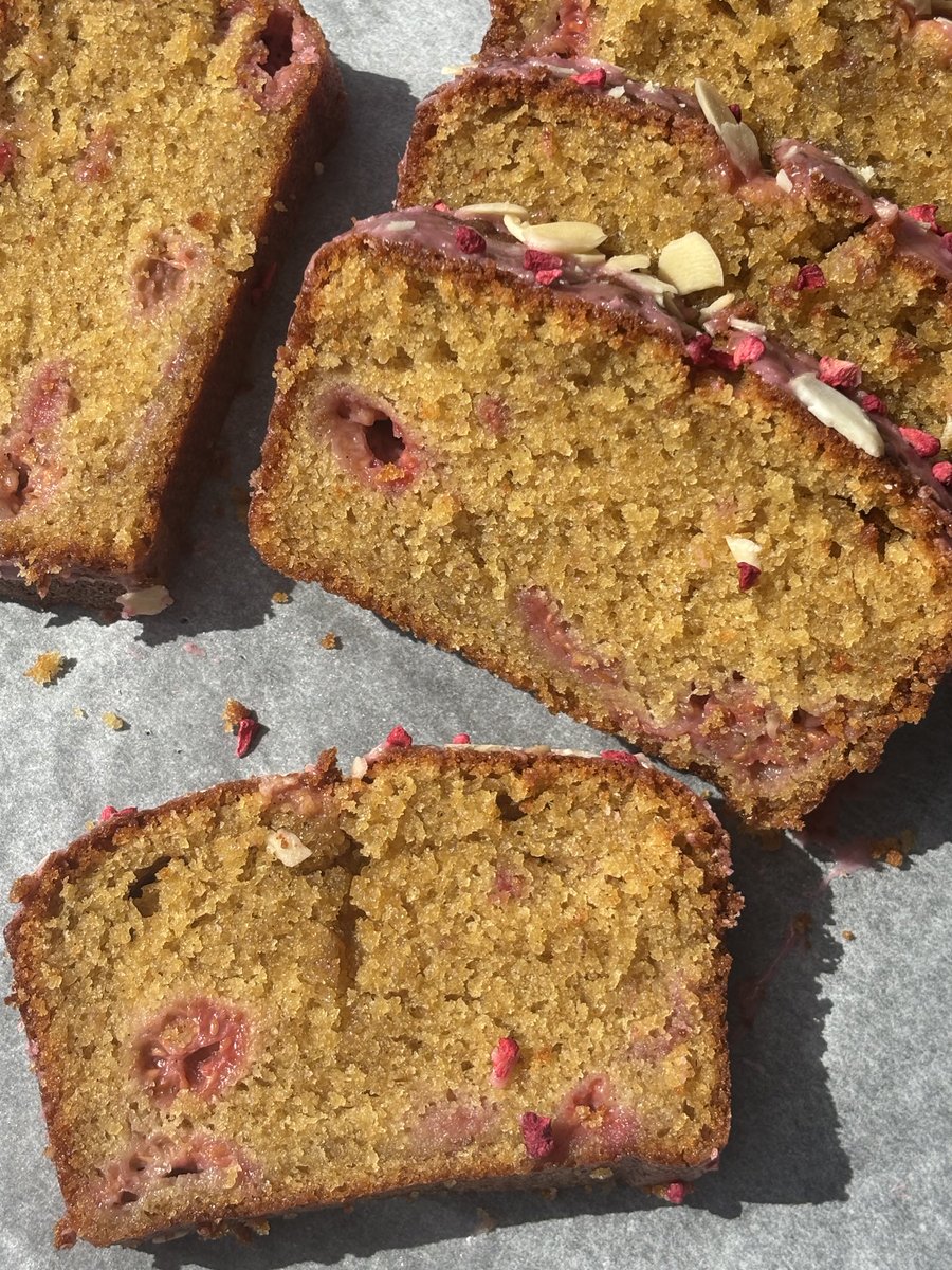 bakingenjoyer's tweet image. brown butter, almond + raspberry loaf cake, drizzled with a raspberry and vanilla bean glaze &lt;3