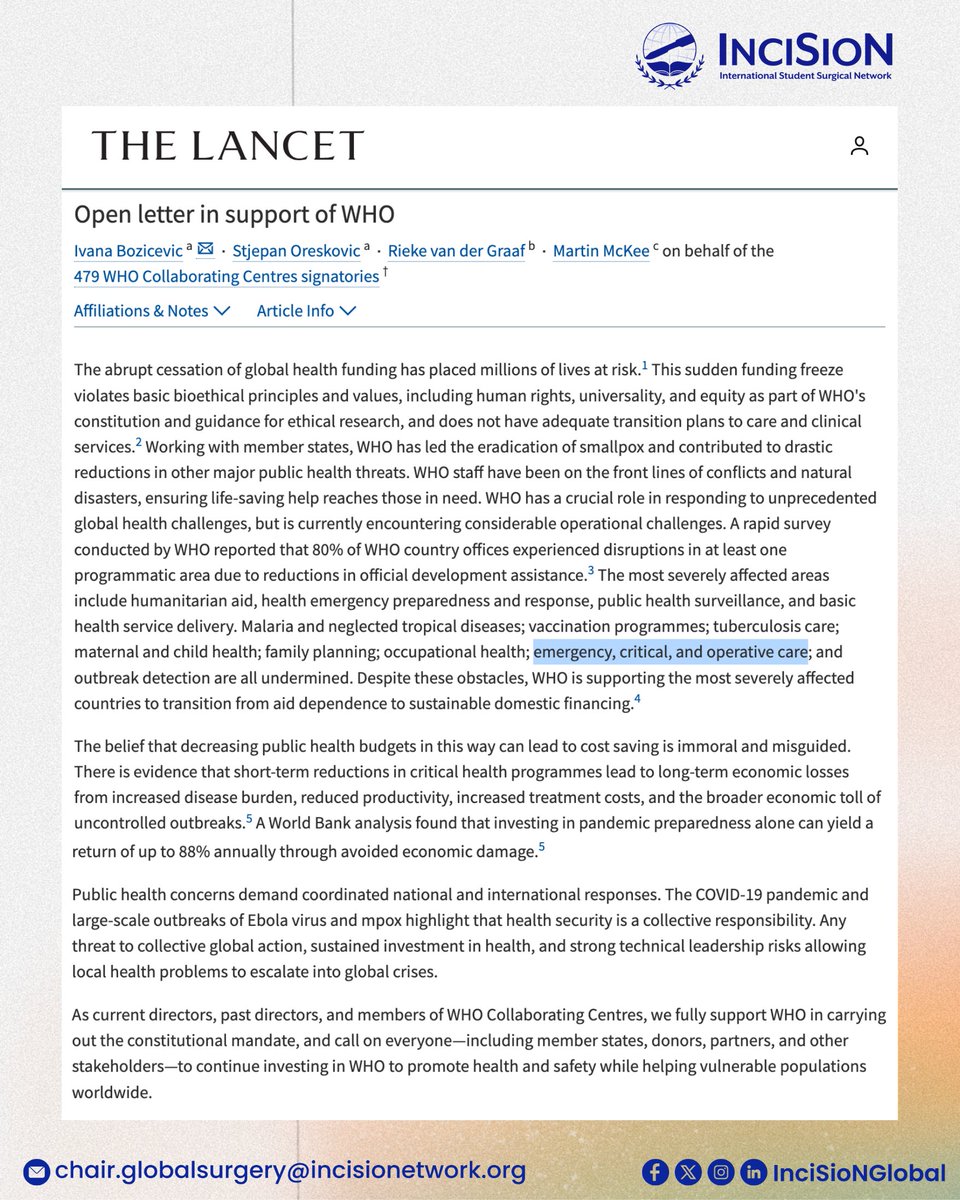 InciSioNGlobal's tweet image. 📢 InciSioN welcomes the inclusion of #ECOCare in tomorrow’s Lancet open letter by 479 #WHO Collaborating Centres—highlighting the urgent need to safeguard surgical and emergency care worldwide.
🔗 shorturl.at/ncnu1
#TheFutureOfTheOR #GlobalHealth #HealthSecurity