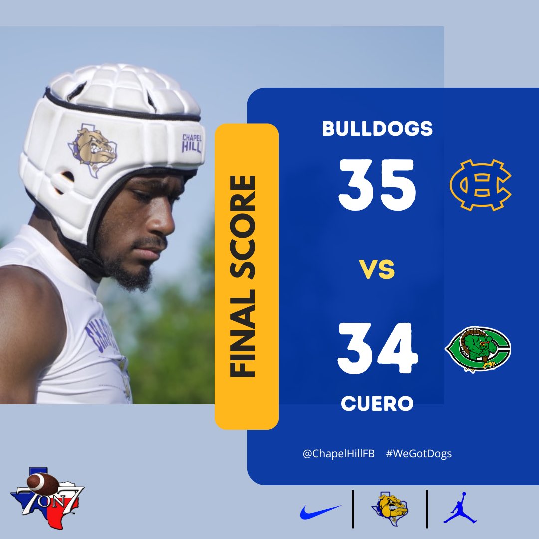 Round 2 Win! Your Bulldogs defeat <a href="/GobblerFB/">Cuero Football</a> in a close one! Round 3 next vs. <a href="/LorenaFootball/">LorenaFootball</a> Let’s Go! ✅✅

#CodeBlue #WeGotDogs #State7on7
<a href="/WeGotDogs1/">Bulldog Athletics</a> | <a href="/ChapelHill_ISD/">Chapel Hill ISD</a> | <a href="/Texas7on7/">Texas 7on7 Organization</a> | <a href="/dctf/">Dave Campbell's — TexasFootball.com</a> 🐶🏈☀️

Photos by |<a href="/ETXSPORTSMEDIA/">Bryson Dean</a> 📸