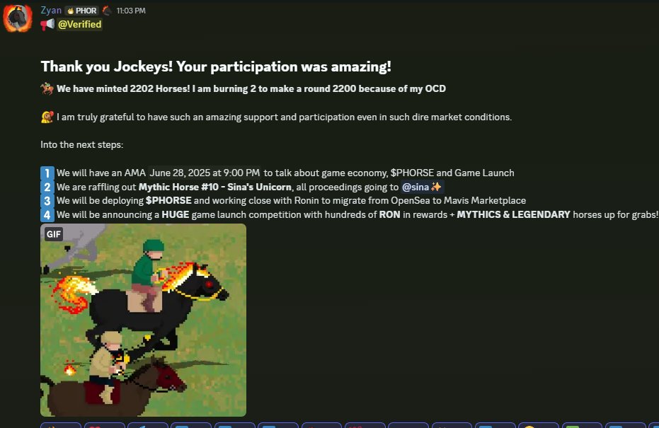 Surprise move from <a href="/PlanetHorseGame/">Planet Horse</a> team!

They decided to close the mint after FCFS. From 3,333 supply, the new supply now is only 2200!!

What's next?
• AMA tomorrow June 28 at 1PM UTC
• Raffle of <a href="/0xsinnabon/">Sina</a>'s horse - all proceeds will be given to her (to support her from