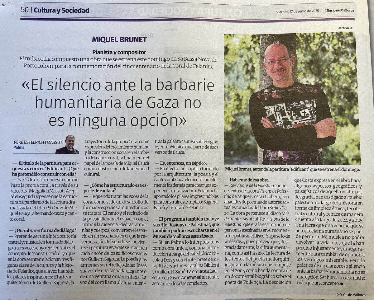 Miquel Brunet (@miquelbrunet) on Twitter photo El gran <a href="/pere_estelrich/">Pere Estelrich i Massutí</a> troba millor parlar de la Cantata #EdifiCant que dels impúdics quaranta milions d'euros que costarà avui les noces de Jeff Bezos. Gràcies, Pere per sempre fer costat a la Cultura pròpia. 🙏🙏🙏❤️ <a href="/diariomallorca/">Diario de Mallorca</a> El gran <a href="/pere_estelrich/">Pere Estelrich i Massutí</a> troba millor parlar de la Cantata #EdifiCant que dels impúdics quaranta milions d'euros que costarà avui les noces de Jeff Bezos. Gràcies, Pere per sempre fer costat a la Cultura pròpia. 🙏🙏🙏❤️ <a href="/diariomallorca/">Diario de Mallorca</a>
