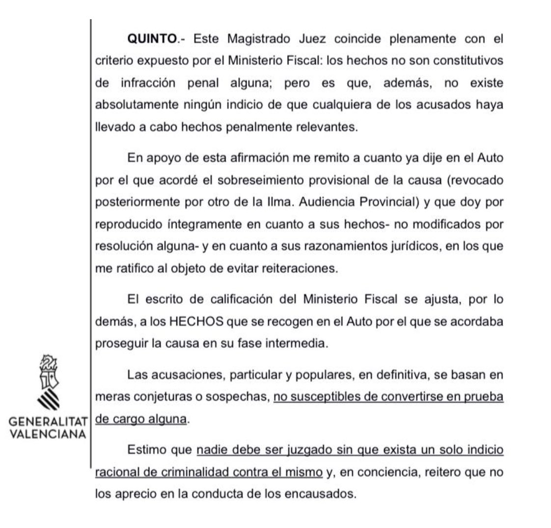El jutge instructor sobre el NO cas Oltra: 

“Nadie debe ser juzgado sin que exista un solo indicio racional de criminalidad contra el mismo”.