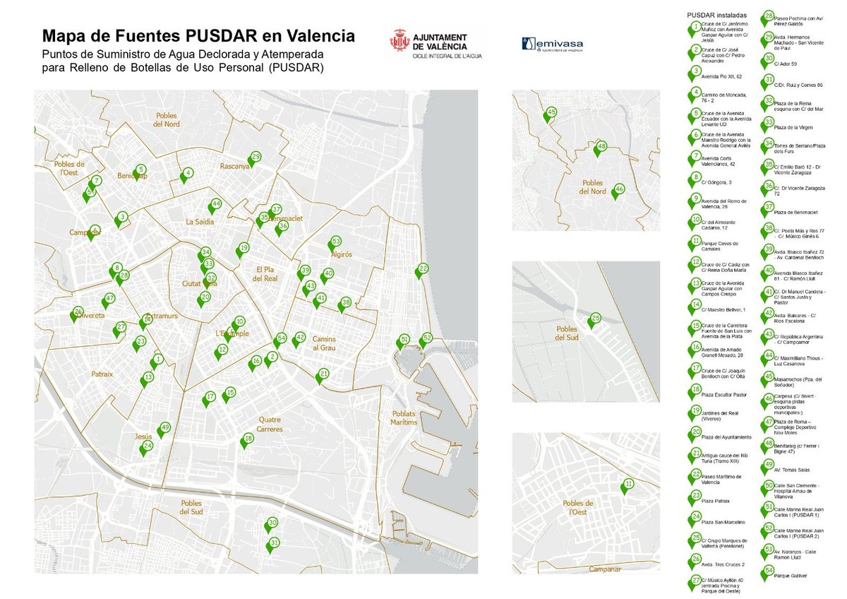 AjuntamentVLC's tweet image. 🌡️ En estos dies de temperatures elevades et recordem diverses opcions per a mitigar els efectes de la calor a #València:

💧 Fonts d'aigua #potable, filtrada i refrigerada, a les ubicacions del plànol📍

🏊 Piscines públiques

🏬 Refugis climàtics ℹ️ f.mtr.cool/dprmhmbyga