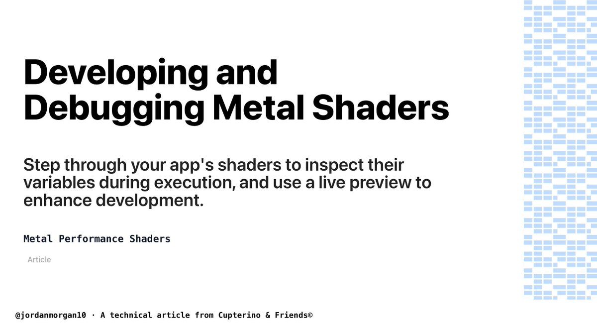 📝Today's technical article is from the Metal Performance Shaders framework 📝

Developing and Debugging Metal Shaders:
Step through your app's shaders to inspect their variables during execution, and use a live preview to enhance development.

👉developer.apple.com/documentation/…