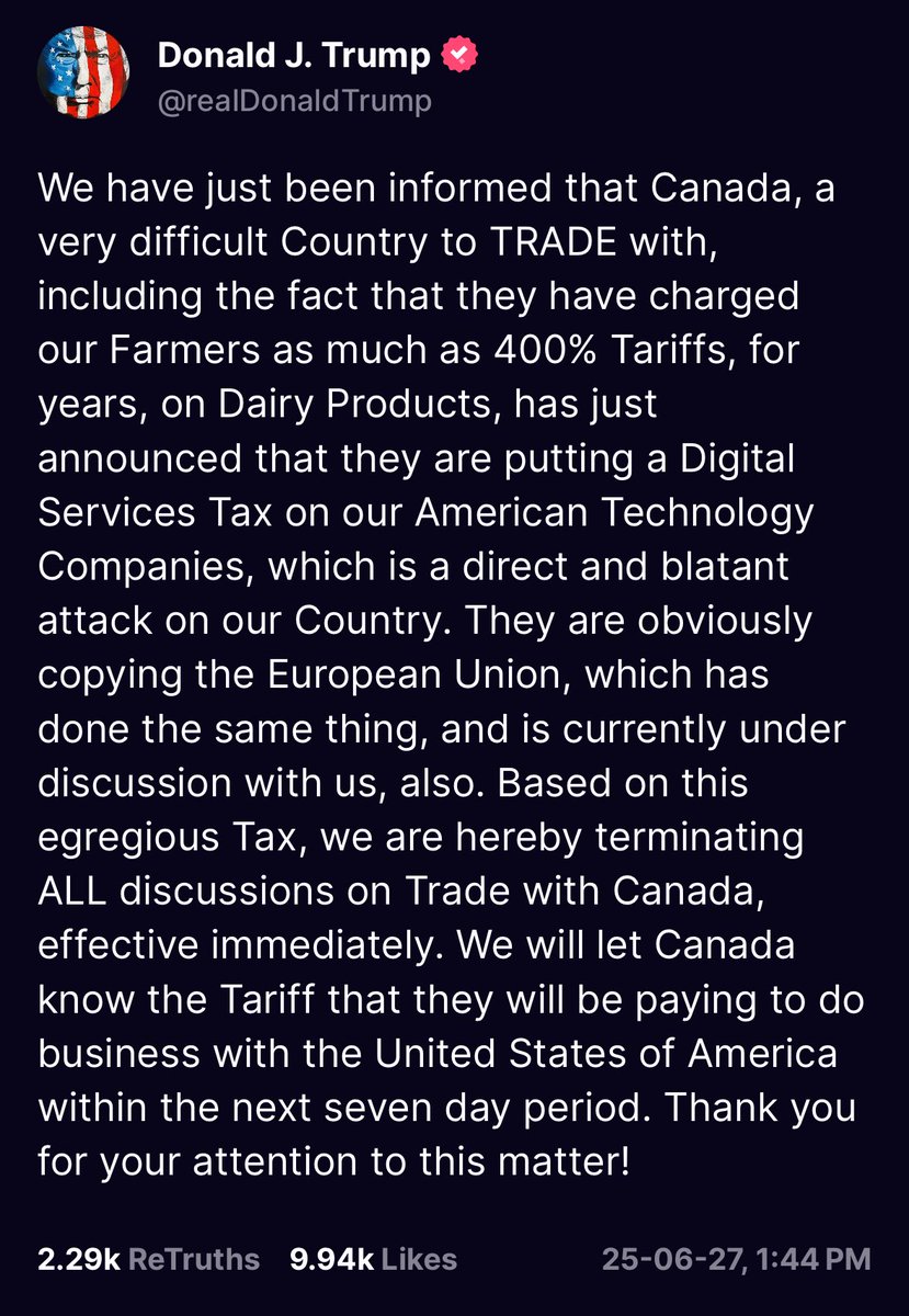 Trump just ended all Trade talks with Canada.