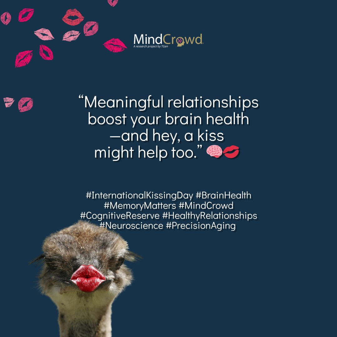 “Meaningful relationships boost your brain health—and hey, a kiss might help too.” 🧠💋    

#Happiness
#InternationalKissingDay
#BrainHealth
#MemoryMatters
#MindCrowd
#CognitiveReserve
#HealthyRelationships
#Neuroscience
#PrecisionAging