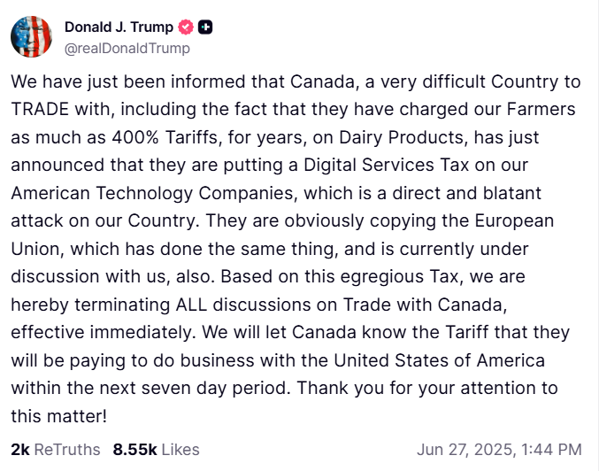 🚨🚨 DERNIÈRE HEURE

Donald Trump annonce que les États-Unis mettent fin, avec effet immédiat, à toute discussion commerciale avec le Canada.