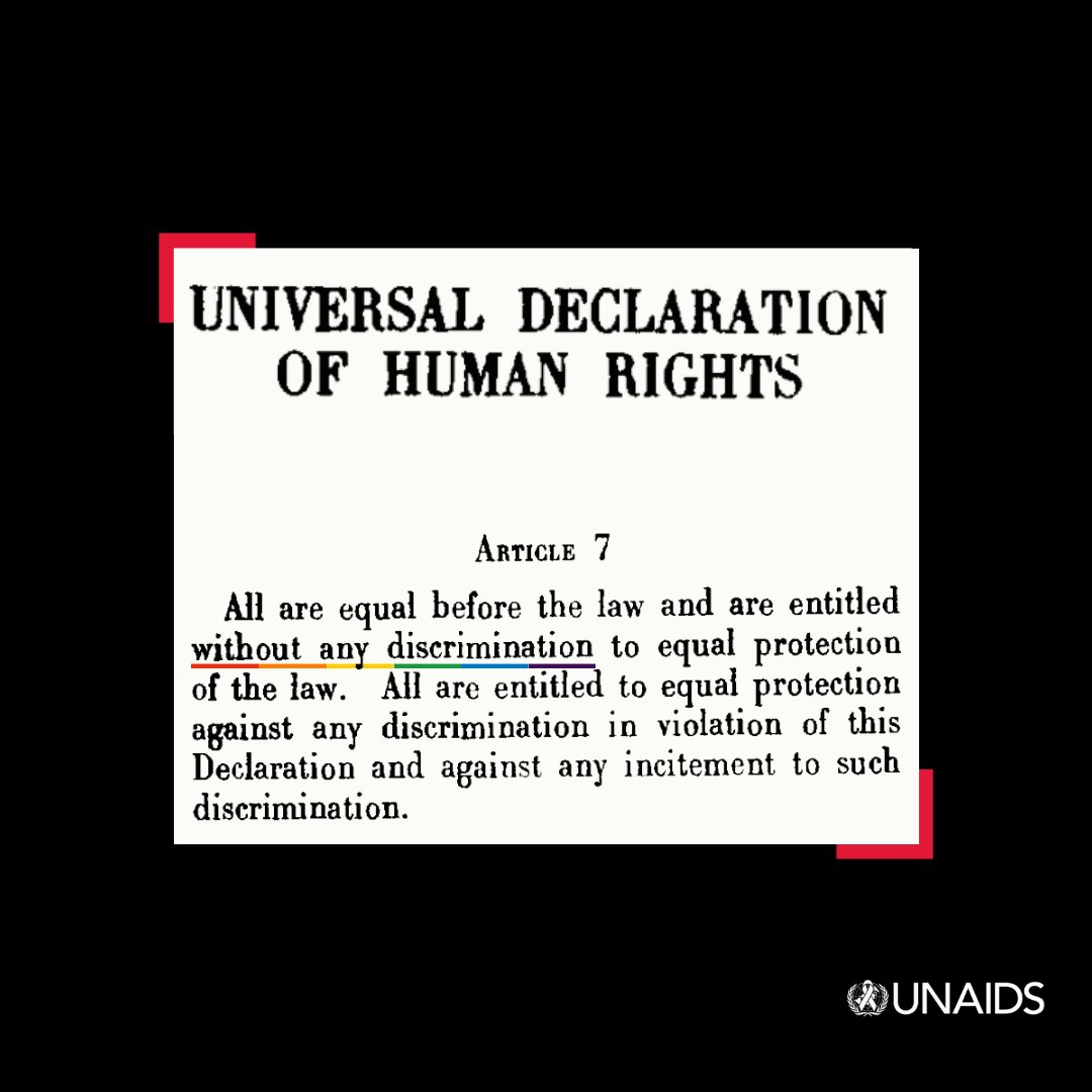 "All are equal before the law and are entitled, without any discrimination, to equal protection of the law."

The Universal Declaration of Human Rights enshrines that rights are for all people – no matter who you are or whom you love.

📷: <a href="/UNAIDS/">UNAIDS Global</a> 

#PrideMonth
